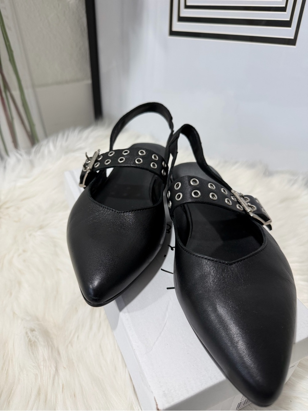 Antonio de Faria Carina Black Leather Slingback Flats - Size 10